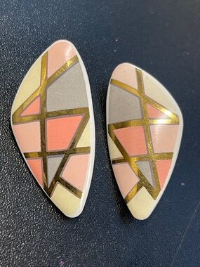 Vintage Geometric Inlay Earrings — Pink, Peach & Cream with Gold Accents-D4